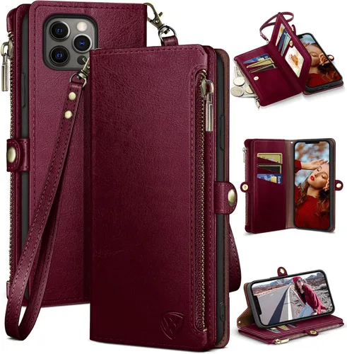 Miniatura 10 de XcaseBar Funda tipo cartera compatible con iPhone 13 Pro de 6.1 pulgadas con cremallera y tarjetero de crédito con bloqueo RFID, funda de piel