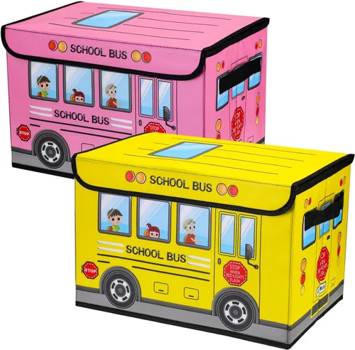 Sweetude Caja del tesoro de autobús escolar de 2 piezas para el aula, caja plegable de almacenamiento de juguetes con tapa, organizador de tesoros