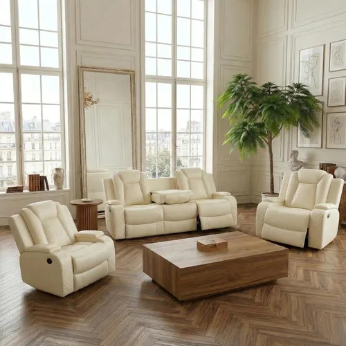 Miniatura 10 de Juego de sofá reclinable eléctrico, sofá reclinable de cuero de aire con LED/portavasos/almacenamiento, 2 muebles de sala de estar, sofá de cuero