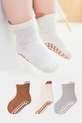 Miniatura 3 de 3 pares de calcetines unisex de algodón para bebé, con agarre de silicona antideslizante, sin costuras, para bebés, niños y niñas
