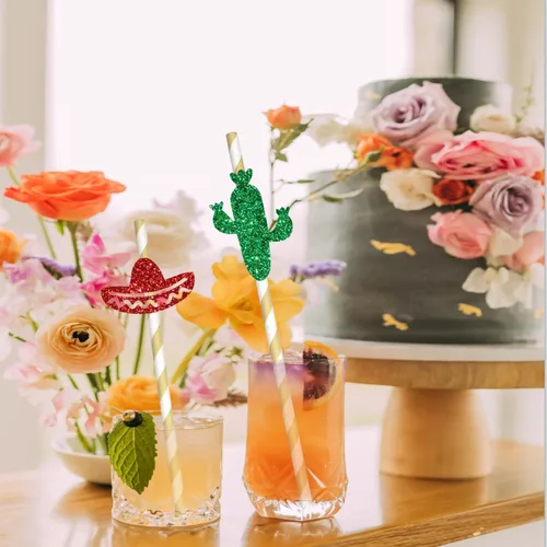Miniatura 4 de Decoración de paja de papel para fiesta mexicana, pajitas de papel para despedida de soltera, pajitas de fiesta mexicana de Luau, fiesta de cinco