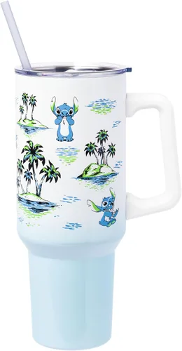 Miniatura 50 de Silver Buffalo Disney Lilo and Stitch Aloha - Vaso de acero inoxidable de doble pared con asa y pajilla, se adapta al portavasos estándar, 40 onzas