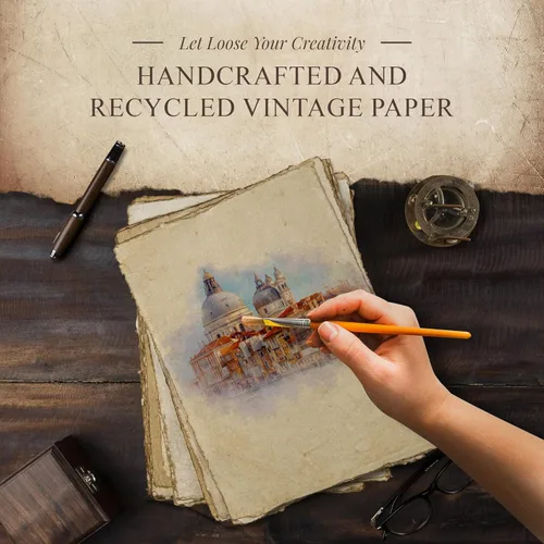 Miniatura 2 de Papel en Blanco Vintage Hecho a Mano con Borde Deshilachado 75 Hojas de Papel de Algodón Reciclado, Hoja Perfecta para Cualquier Medio, Papel
