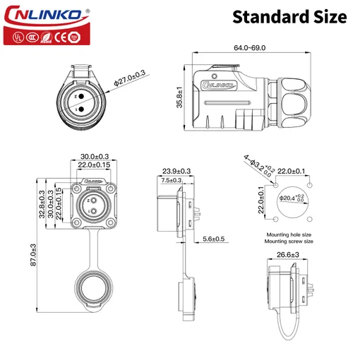 Miniatura 4 de CNLINKO Serie LP20 Conector Impermeable, Conector de Potencia IP68 4 pines 20A 500V M20 Conector LED, Aprobado UL CE Rohs (4 pines)