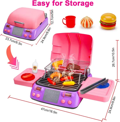 Miniatura 7 de Juego de barbacoa para niños, juego de cocina con luz de sonido de humo de simulación, para niñas pequeñas, color rosa, para niños de 3 a 5 años, 4