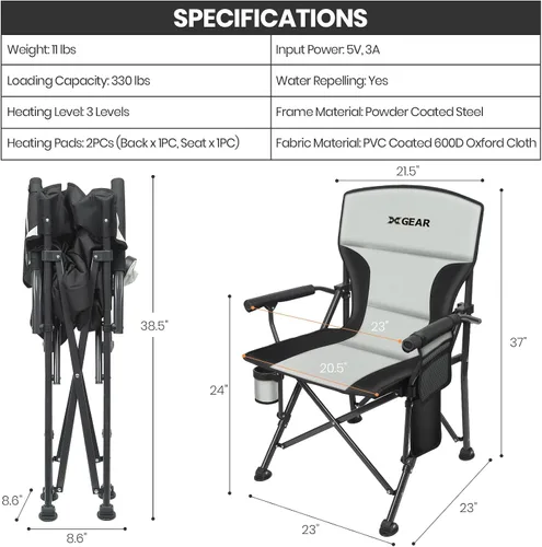 Miniatura 2 de XGEAR Silla de campamento con calefacción de gran tamaño para adultos, 3 niveles de calor, respaldo y asiento con calefacción, silla de campamento
