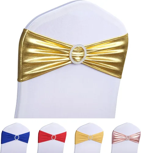 Miniatura 19 de LEBENGURU Bandas para silla de elastano doradas, 30 lazos elásticos de alta calidad con deslizadores para decoración de banquete de boda, fiesta