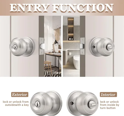 Miniatura 4 de Probrico - Paquete de 3 perillas redondas de níquel satinado para puerta de entrada, con llaves iguales, puerta exterior e interior, delantera