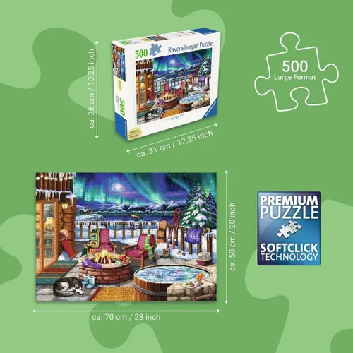 Miniatura 3 de Ravensburger - Northern Lights - Rompecabezas de 500 piezas de gran formato - Impresionante, audaz y vívida imagen del fenómeno - Cabaña cálida