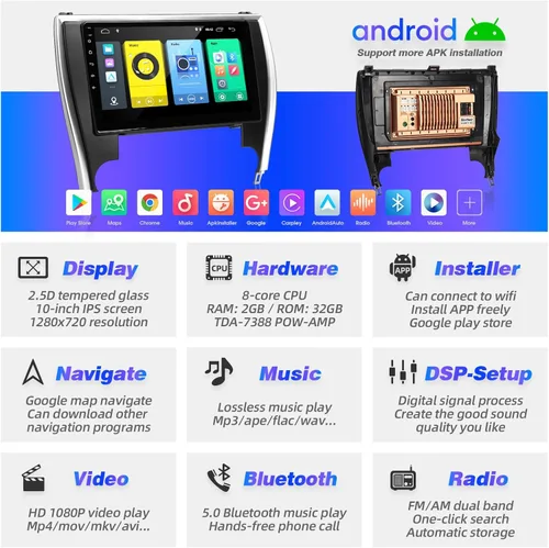 Miniatura 3 de Para Toyota Camry 2015 2016 2017 Actualización de radio Android Pantalla táctil compatible con Carplay inalámbrico Android Auto, navegación estéreo