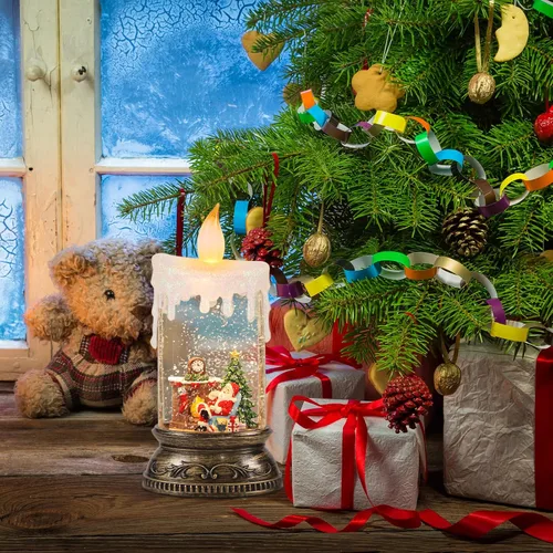 Miniatura 4 de GenSwin Vela de Globo de Nieve de Navidad, Vela Brillante Giratoria con Temporizador, Música y 3 Escenas de Muñeco de Nieve, Linterna