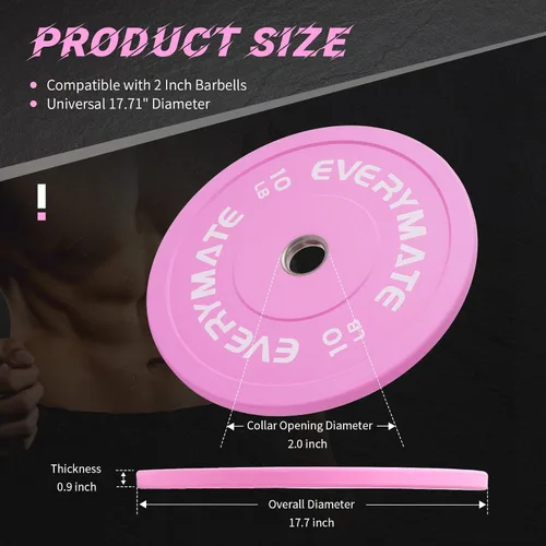 Miniatura 4 de EVERYMATE Placas de Peso Rosa 10LB 15LB 25LB 35LB 45LB Placas Olímpicas Bumper Placas de Peso con Agarre para Entrenamiento de Fuerza y Crossfit