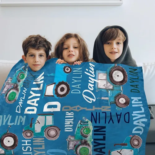 Miniatura 2 de Manta personalizada de tractores, nombre personalizado con diseño de camiones de tractor agrícola, manta de cama de franela de felpa suave