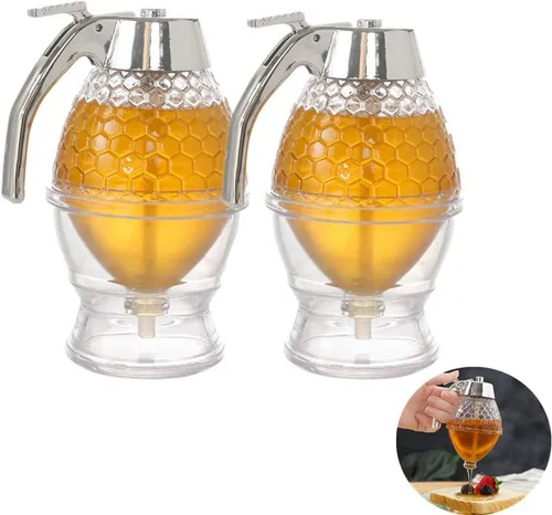Dispensador de miel, dispensador de jarabe, dispensador de jarabe acrílico, hermoso tarro de miel de nido de abeja, tarro de miel con soporte,
