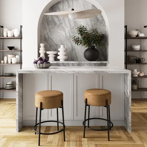 Miniatura 3 de Nathan James Isaac 24" Taburete de bar sin respaldo moderno con asiento acolchado y tapizado redondo y base de metal de mediados de siglo, PU marrón
