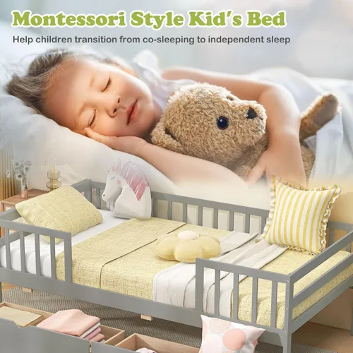 Miniatura 7 de Giantex Cama individual para niños con cajones de almacenamiento, cama Montessori de madera con rieles y estante lateral, sofá cama baja para niños