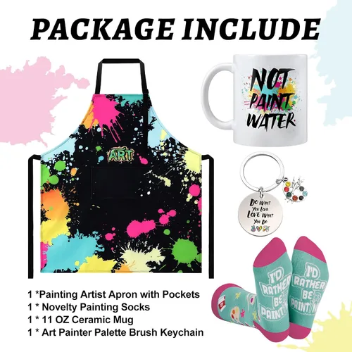 Miniatura 2 de Mepase Juego de 4 piezas de regalo para profesores y artistas para pintar, incluye delantal de pintura impermeable, llavero, taza, calcetines