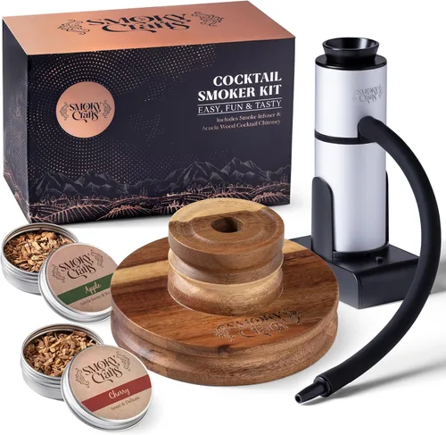 Kit de ahumado de whisky de acacia Smoky Crafts con pistola ahumadora y astillas de madera (manzana y cereza) - Kit de ahumado de bebidas - Juego de