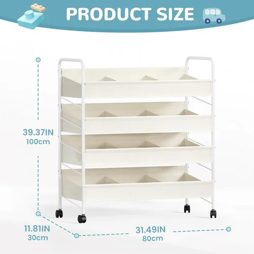 Miniatura 2 de Organizador de almacenamiento de juguetes para niños con 4 estantes y ruedas, estante de almacenamiento de juguetes de gran tamaño blanco para niños
