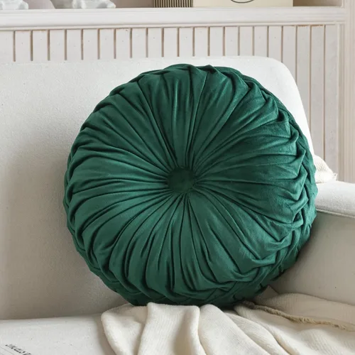 Miniatura 7 de Teieas Almohada redonda de terciopelo para decoración del hogar, cojín redondo plisado para sofá, silla, cama, automóvil, verde esmeralda