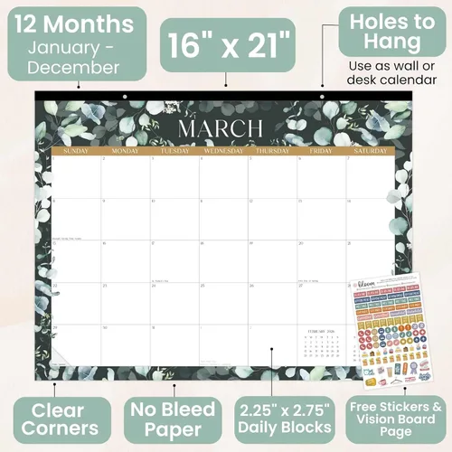 Miniatura 3 de bloom daily planners Calendario de Escritorio GRANDE 2026 - Calendario de Pared XL de enero a diciembre - 21" x 16" Planificador Mensual de Greenery