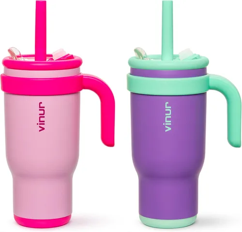 Miniatura 14 de VINUR Vaso para niños con asa - 14 oz de acero inoxidable con aislamiento al vacío de doble pared con tapa y pajita, vaso de agua de viaje