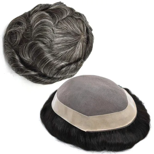 Miniatura 48 de Peluca de cabello humano monofilamento fino para hombre tipo tupé de polietileno alrededor del sistema de cabello, peluca duradera de monofilamento