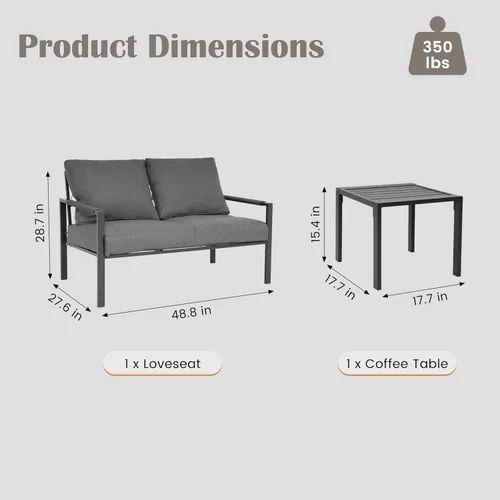 Miniatura 6 de Juego de 2 muebles de ratán para exteriores, sofá biplaza de patio para todo tipo de clima con cojines gris oscuro y mesa auxiliar para jardín