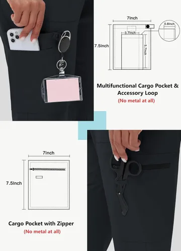 Miniatura 4 de Pantalones quirúrgicos de cintura alta para mujer, 8 bolsillos, ajustados, cintura cónica, puños acanalados en los tobillos