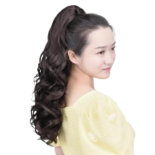 Miniatura 4 de Cola de caballo sintética con clip marrón, cola de caballo falsa de 22 pulgadas, 5.3 onzas, extensiones de cabello negro ondulado, extensiones