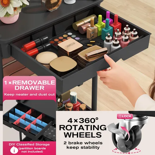 Miniatura 3 de Goovilla Carrito Organizador de Maquillaje Rodante con Cajón Extraíble, Carrito de Almacenamiento de Cuidado de la Piel de 3 Niveles Estable Negro