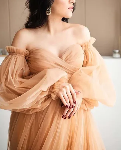 Miniatura 5 de Vestido de maternidad de tul hinchado para sesión de fotos, batas de manga larga, hombros descubiertos, lencería transparente, vestidos de baby