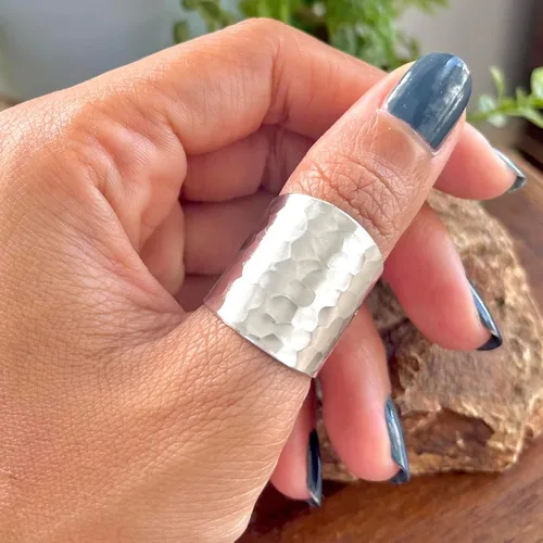 Miniatura 4 de Hammered Sterling Silver Handmade Classic Wide Band Boho Statement Ring, Shiny Finish Wrap Band Adjustable to Sizes 6-12, Also as Thumb Ring, Gift