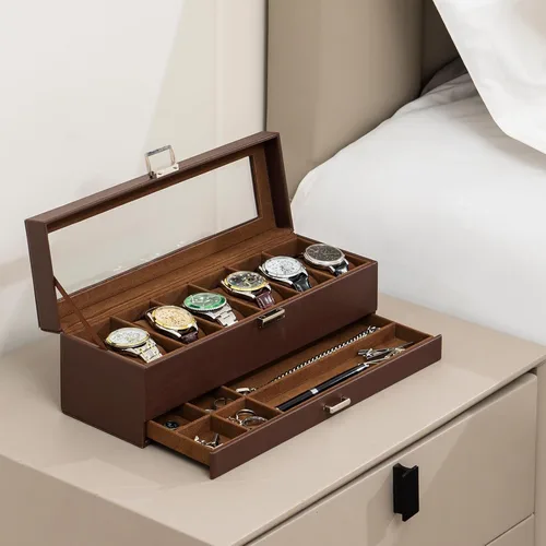 Miniatura 7 de ProCase Caja para reloj, caja de exhibición de 6 ranuras con cajón, caja de reloj para hombre con tapa de vidrio, organizador de almacenamiento