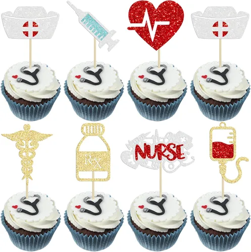 Miniatura 13 de Gyufise Decoración para pastel de enfermería con purpurina para enfermera, feliz cumpleaños, selección de pastel médico, decoración de pasteles