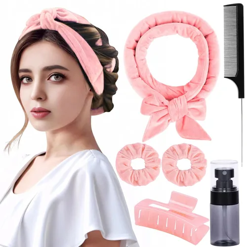 Rizadores de pelo de terciopelo sin calor para dormir con diadema sin calor para cabello largo durante la noche sin rizos de calor para mujeres, Rosa