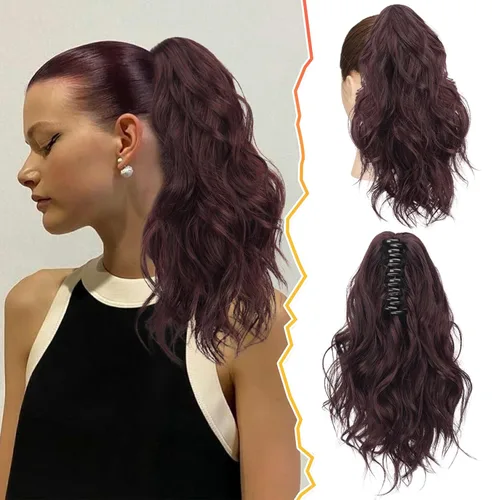 Miniatura 17 de BARSDAR Extensiones de cola de caballo con clip de garra, extensiones de cabello corto ondulado negro de 14 pulgadas para mujer, extensiones