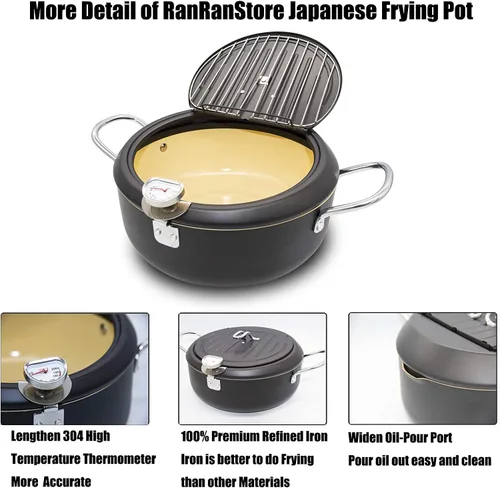 Miniatura 7 de Olla Freidora Japonesa Profunda con Termómetro Fahrenheit 3.5L - Freidora con Revestimiento Antiadherente, Fríe Negro