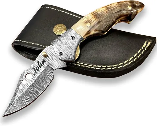 Miniatura 9 de Cuchillo de bolsillo de acero de Damasco para hombres con funda de cuero, cuchillos de caza plegables hechos a mano de 7 pulgadas, con asa, cuchillo