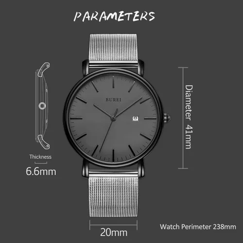 Miniatura 5 de BUREI - Reloj de pulsera analógico para hombre con fecha, extensible de malla de acero inoxidable