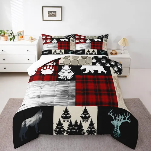 Miniatura 32 de Manfei Rutic Farmhouse - Juego de edredón tamaño King, juego de ropa de cama de retazos de madera a cuadros de ciervo, oso, árbol, 3 piezas