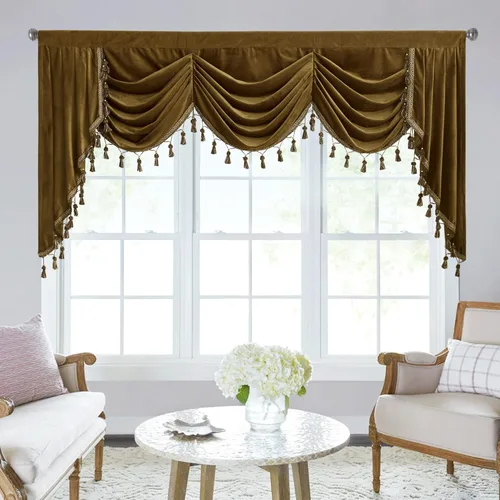 Miniatura 26 de StangH Cortinas decorativas de lujo, cenefa azul con bloqueo de luz, cenefa festoneada para ventana pequeña con bolsillo sólido para barra, cortina
