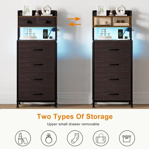 Miniatura 6 de REAHOME Mesita de noche de 41 pulgadas de alto con estación de carga, mesita de noche LED con 6 cajones de tela, mesa auxiliar de cama con estantes
