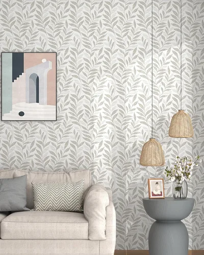 Miniatura 4 de Papel tapiz de hojas para despegar y pegar, bohemio, 17.3 x 78.8 pulgadas, color beige y blanco, papel tapiz autoadhesivo extraíble para baño