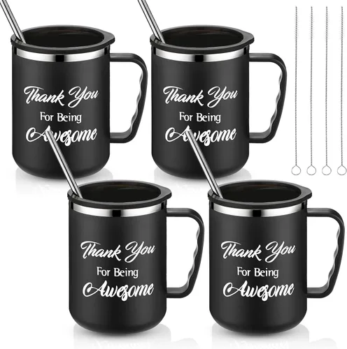 Inbagi 4 juegos de tazas de agradecimiento a granel de 17 onzas, color negro, con la frase "Thank You for Being Awesome Tumblers" con asa de tapa,