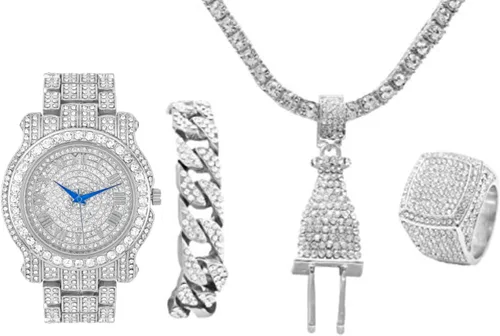 Bling Hip Hop - Colgante de lujo cubierto con diamantes de imitación transparentes, pulsera cubana helada y juego de regalo de anillo brillante,