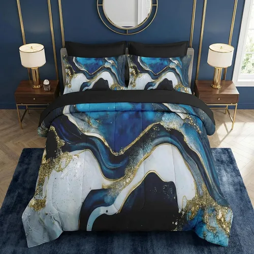 Pamnest Juego de edredón tamaño Twin, juego de ropa de cama de mármol azul profundo de 5 piezas para niños y adultos, juegos de sábanas de piedra