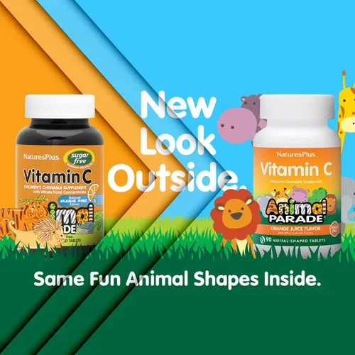 Miniatura 2 de NaturesPlus Animal Parade Vitamina C para niños sin azúcar, sabor a jugo de naranja natural, 90 tabletas masticables en forma de animales, apoyo