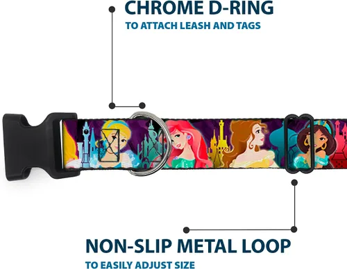 Miniatura 5 de Collar de perro Clip de plástico Disney Princess Poses Castle Siluetas Púrpura Multicolor 9 a 15 pulgadas 1.0 pulgadas de ancho