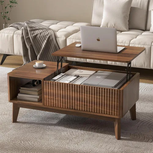 Miniatura 10 de LYNCOHOME Mesa de Centro con Tapa Elevable Acanalada con Almacenamiento, Mesa de Centro Moderna para Sala de Estar, Oficina en Casa (Natural)